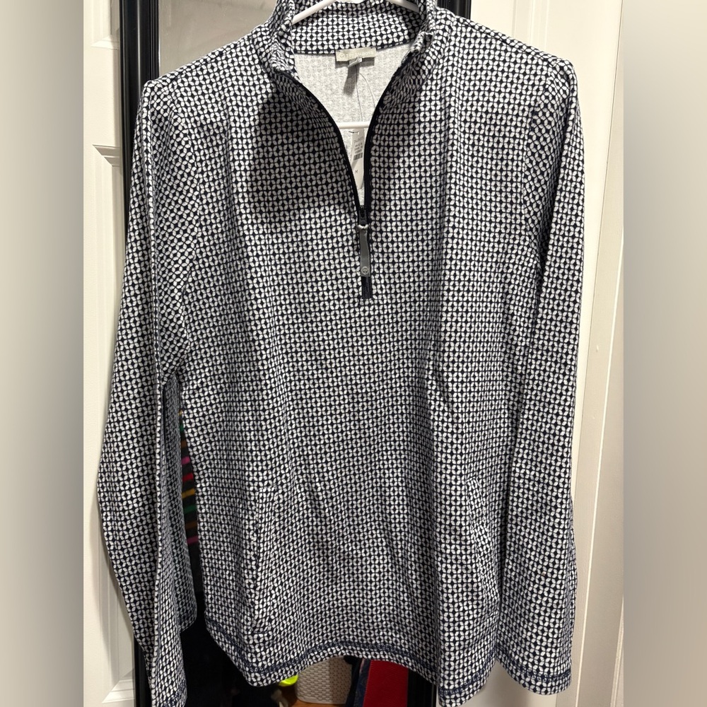 NWT - Talbots Geo Half Zip Navy and White Textured Pullover